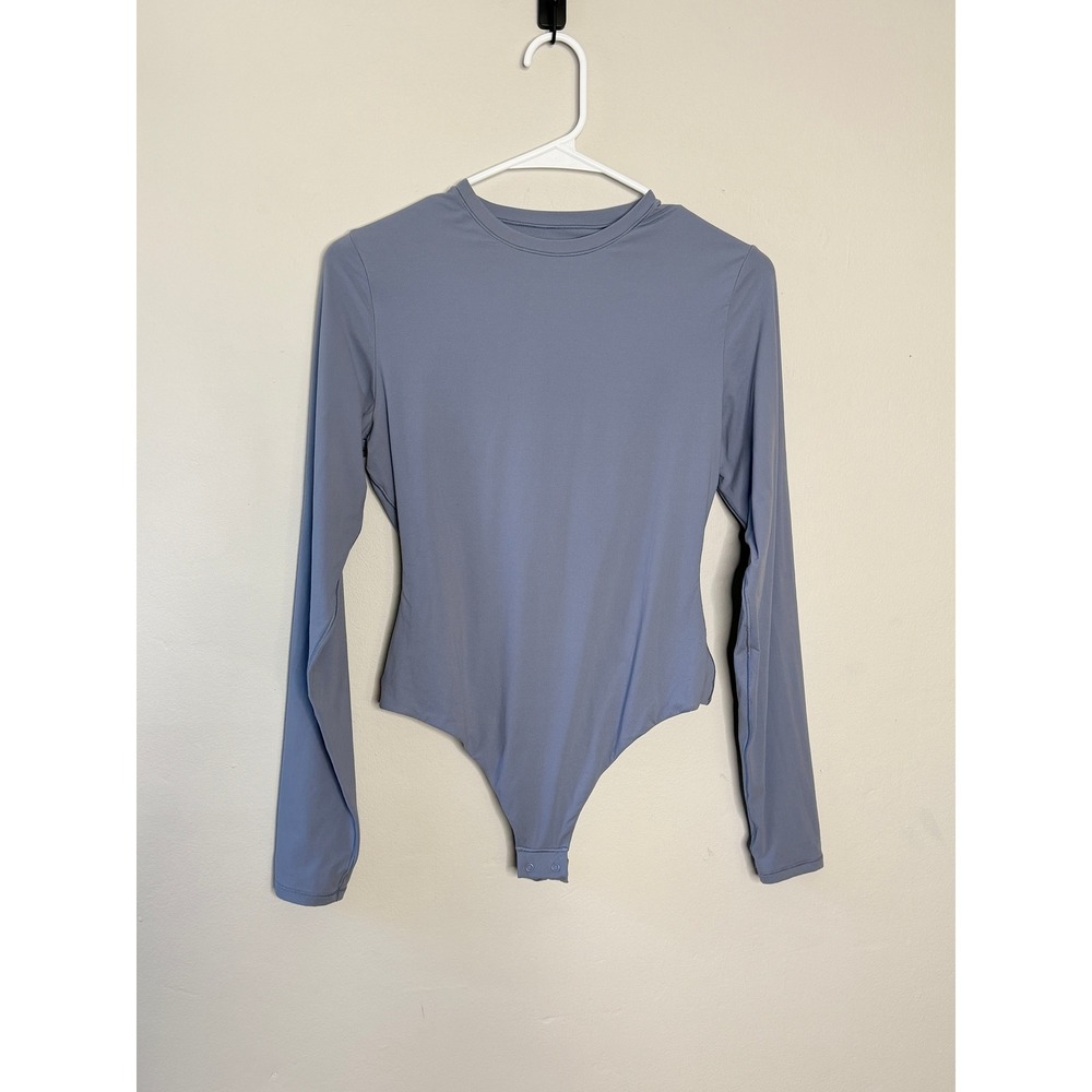 SKIMS Fits Everybody Thong Bodysuit Women L Steel Blue Long Sleeve Crew Neck